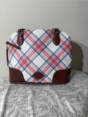 VTG St John Bay White Pink Blue Plaid Leather-Trim Satchel